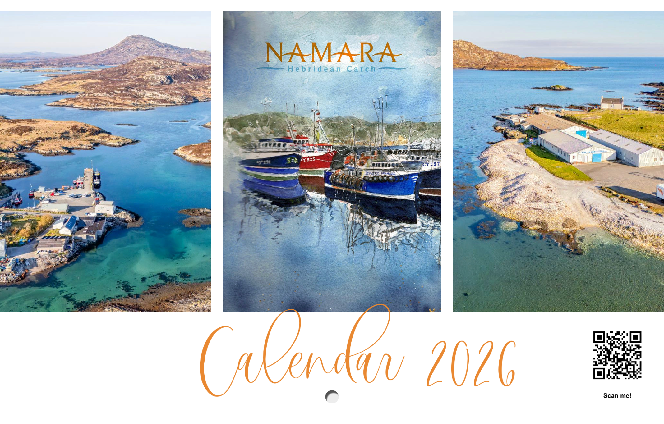 Calendar cover with scenic images of coastal landscapes and boats, featuring the brand 'Namara'.