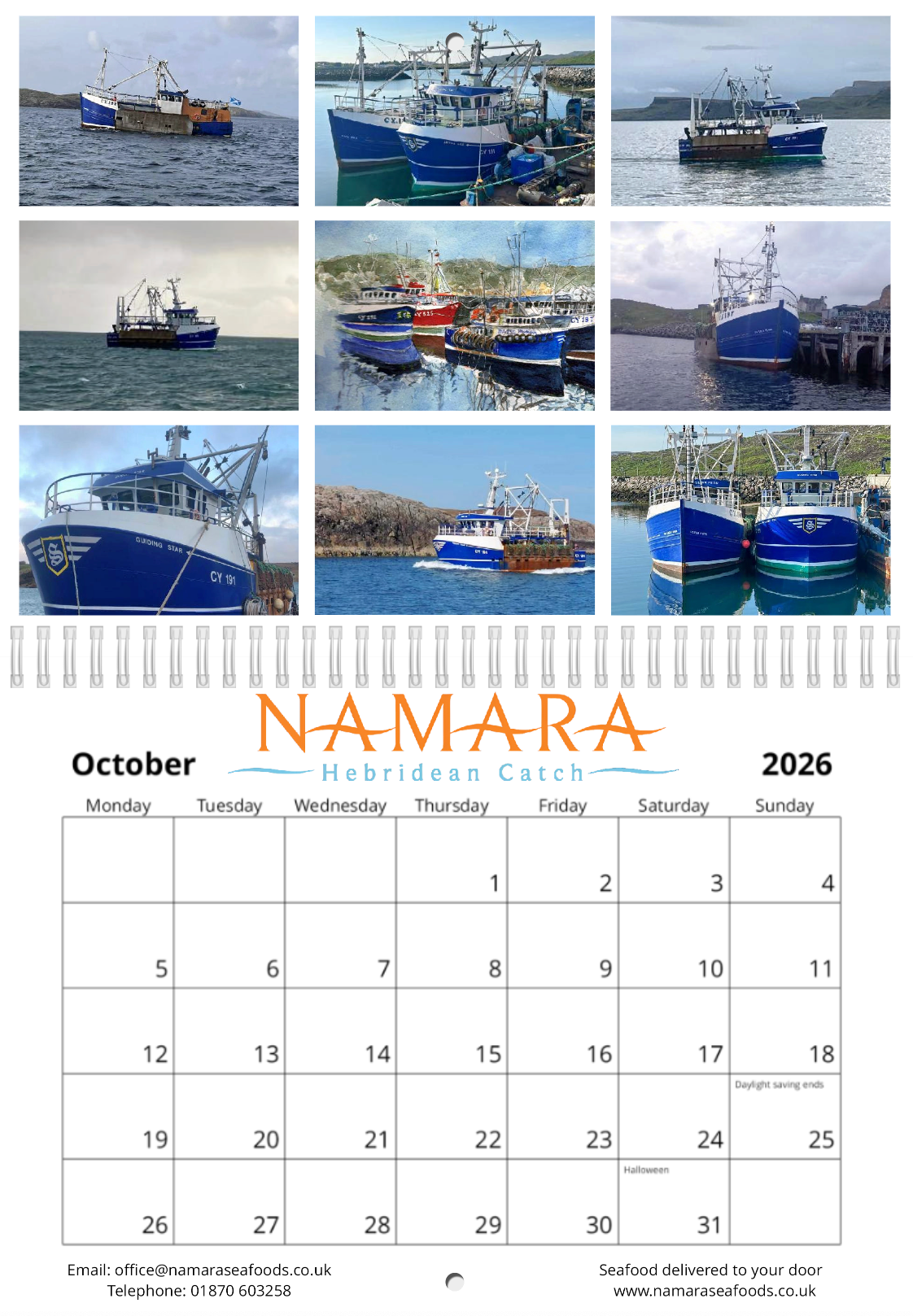 Calendar page for October 2026 featuring fishing boats and the brand 'Namara'.